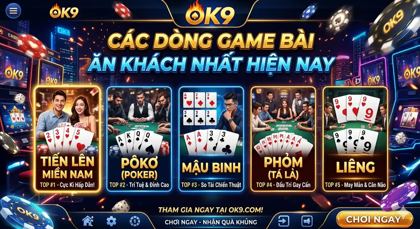 Thể loại game bài ok9 rất phong phú và đa dạng