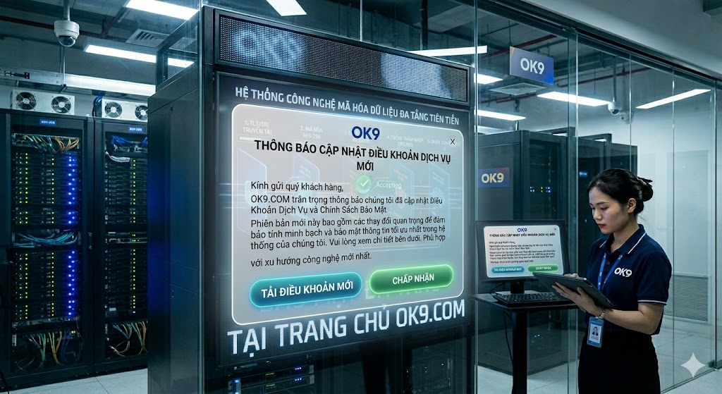 Giao diện thông báo cập nhật điều khoản dịch vụ mới trên trang chủ OK9