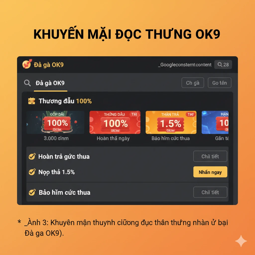 Giao diện danh mục Khuyến mãi độc quyền và các bước nhận thưởng nhanh tại Đá gà OK9