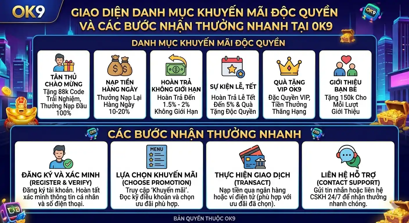 Giao diện danh mục Khuyến mãi độc quyền và các bước nhận thưởng nhanh tại OK9 