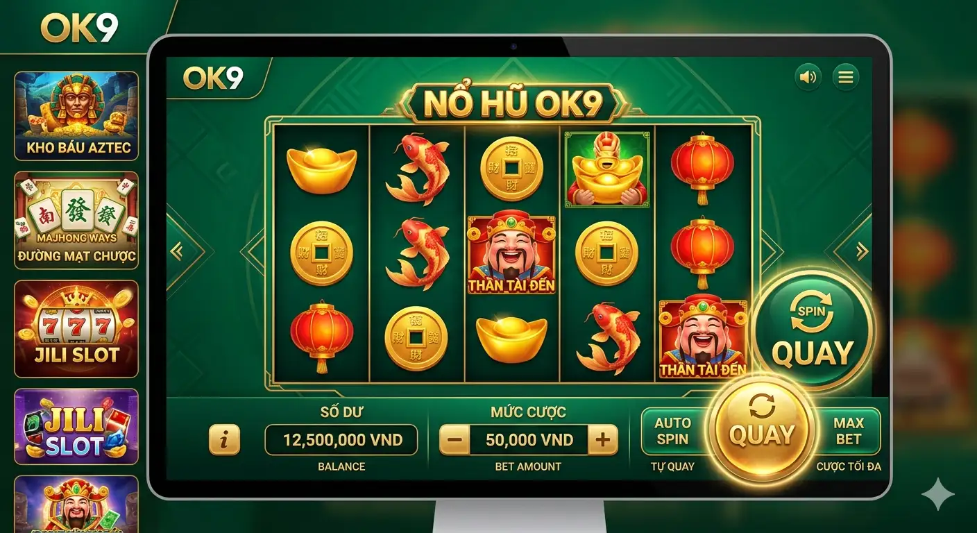 Giao diện các dòng game nổ hũ đa dạng và nút quay (Spin) tại sảnh OK9