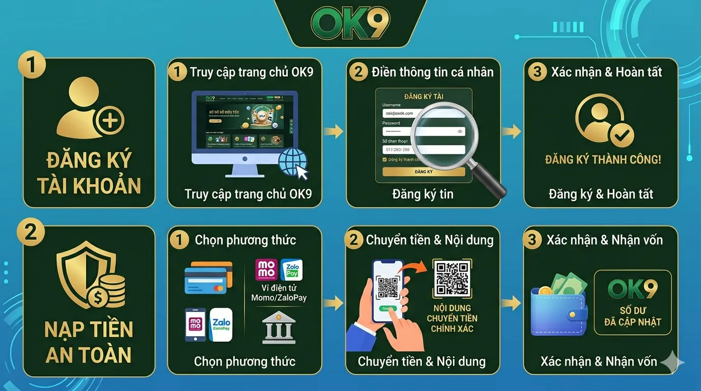 các bước đăng ký tài khoản và nạp tiền tại hệ thống OK9
